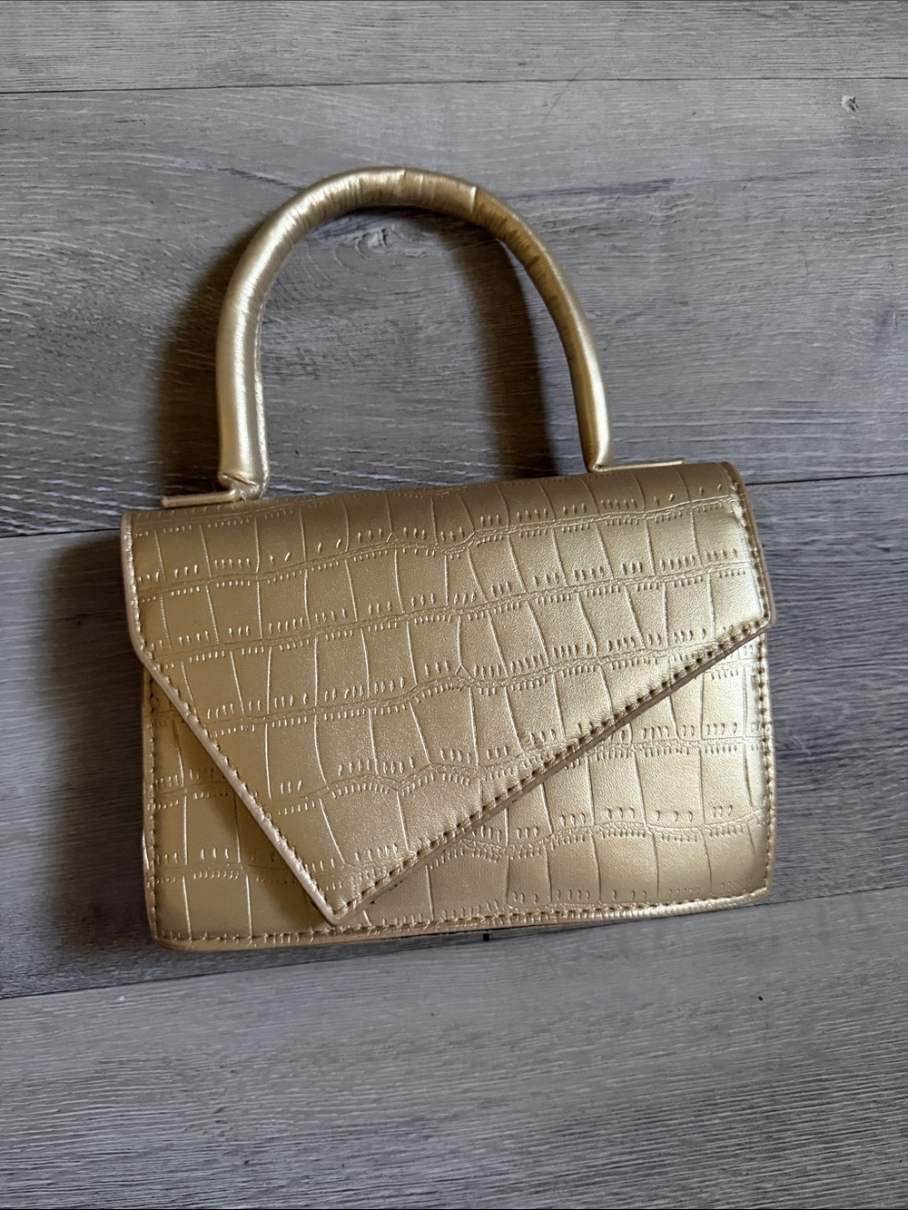 SHEIN Metallic Gold Croc-Embossed Mini Top-Handle Bag
